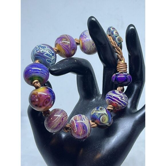No Brand Jewelry - Santa Cruz Artist Made Lamp Worked Glass Bead Bracelet 9 3/4" OOAK Blue Purple